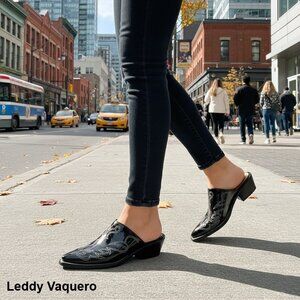 Leddy Vaquero Women’s Handmade Black Patent Leather Western Cowboy Mules Sandals